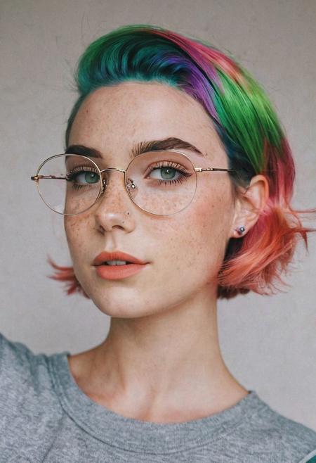 instagram photo, photo of a 28 y.o woman, short intricate hair, rainbow colored hair, green eyes, round glasses, freckles:.5, candy hairpin, mckennagrace, cute face, round face, Perfect detailed eyes, fair skin, wearing top with low neckline, slightsmile:.75, expressionless