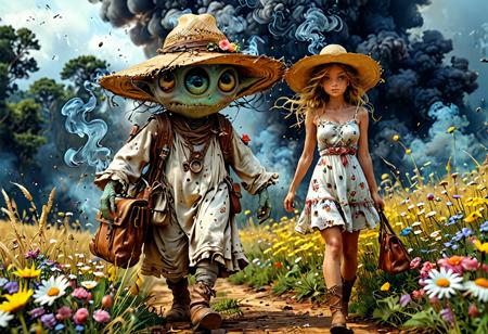 high-quality, masterpiece, **(Photorealistic, detailed, intricate, hyperreal)** a one-eyed alien standing in front of woman,his body consists of [smoke:woman] in a cute straw hat,in a delicate loose-fitting dress,in white knee-high boots, with a bag over her shoulder,a giant eye is transformed.into a body made of smoke,with hair fluttering in the wind,walking through a field of delicate flowers.Art has amazing fantastic qualities,combining elements of reality and imagination in a visually appealing way.creates a sense of myster High Detail, Perfect Composition, movie scenes, highly detailed. Photorealistic rendering, dramatic lighting, sharp contrast with a dark surreal atmosphere, (elaborate fine details:1.1), (hyperdetailed:1.1), (intricate details:1.0), (Refined details:1.1), (best quality:1.1), (high resolution:1.2)