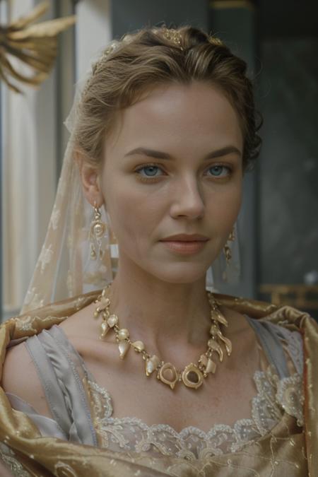masterpiece, best quality, cinematic, volumetric lighting, very detailed, high resolution, sharp, sharp image, 4k, 8k, 35 mm,
<lora:Lucilla_Gladiator2000_ConnieNielsen_smf_lora_v02:0.9>, 1girl, yellow veil, l2c1l1a6l-smf, very short hair, yellow shawl, jewelry, solo, earrings, necklace, ring, photo (medium), dress, green eyes, blonde hair, white dress, looking at viewer, upper body, indoors, brown hair, realistic, short hair, blurry, lips, shawl, blurry background, lace, pearl necklace, closed mouth, day, wedding band