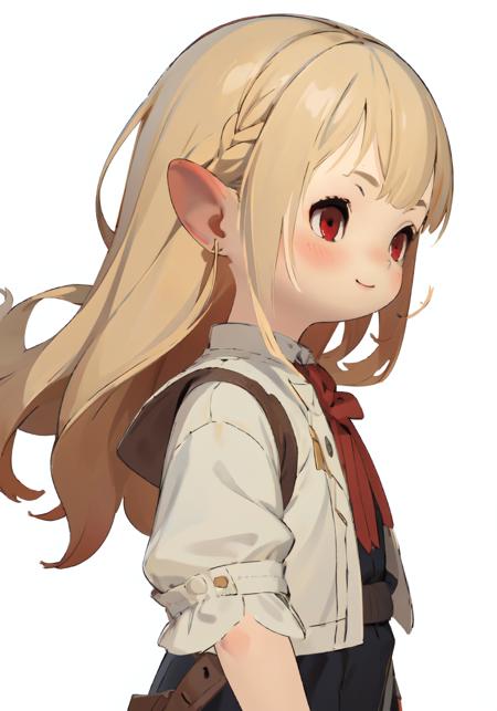 masterpiece, best quality, 1girl,white background,  <lora:new_lala-09:1>, lalafell, blonde hair , red eyes, solo, long hair, happy,