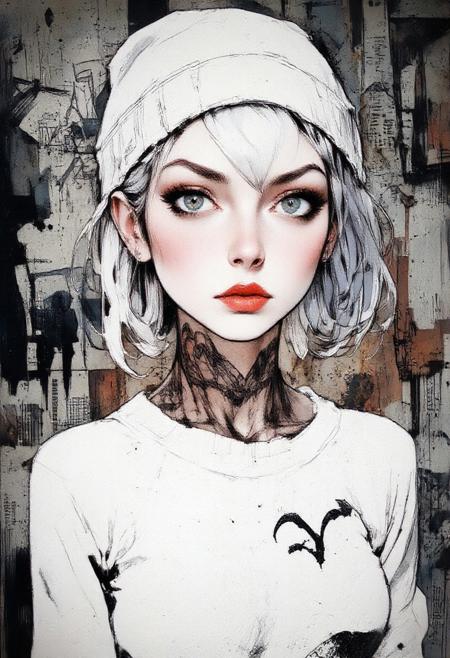 Crazy Japanese style ink, highly detailed portrait of an alternative looking female characters, she wears a beanie, a white sweatshirt, she has piercing, tattoos on her neck and face, grey eyes and dyed hair. There is a wall painted with graffiti on the background.