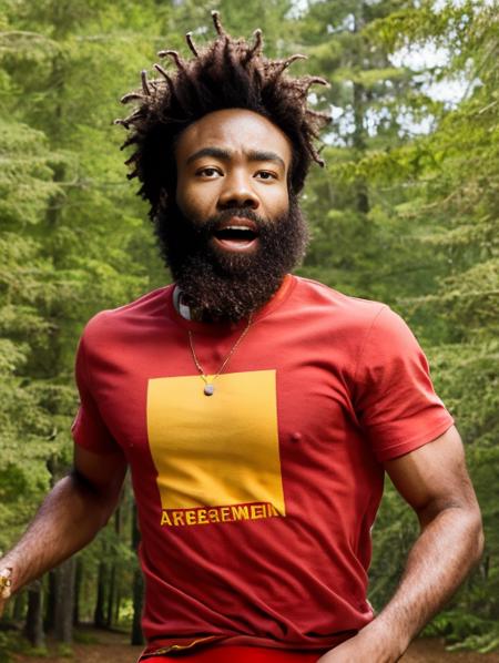 A high res photo of donald glover with a beard <lora:donald:1> dressed in t-shirt being chased by extraterrestrials in a forest, screaming, horrified, scared, crying