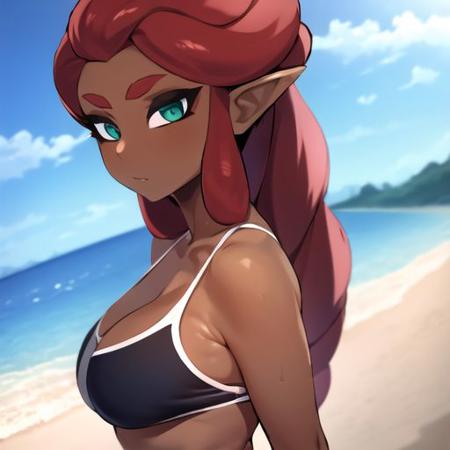 masterpiece,1girl, <lora:riju_zelda-10:0.8> riju_zelda, dark skin,red hair,<lora:jtveemo-30:0.6> jtveemo, beach, swimsuit