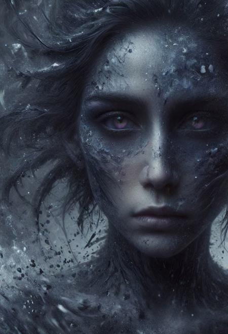Completely black screen, absolutely nothing, pure black, detailed, but the old goddess with glowing darkviolet eyes are rising, FastNegativeV2, ral-dissolve, dream