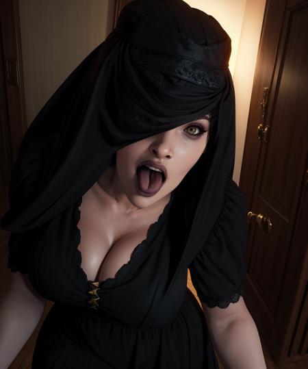 donna,black veil,open mouth,tongue out,
black dress,lips,leaning forward,
standing,cleavage,
mansion,dim lighting,
(insanely detailed, masterpiece, best quality),solo,<lora:donnabeneviento:0.8>,