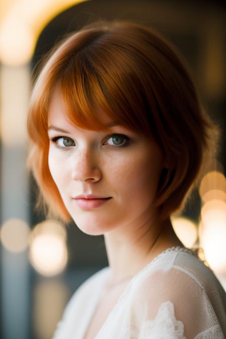 portrait of wo_miasol01 woman, :| , wearing tulle , with natural orange haircut , background roman city epic (photo, studio lighting, hard light, sony a7, 50 mm, matte skin, pores, colors, hyperdetailed, hyperrealistic), <lora:woMiaSol01:1>