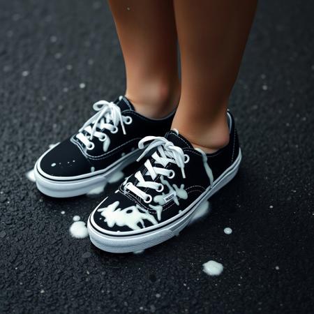 woman wearing sneakers, woman standing on a black asphalt street, sneakers are wet and covered in spalshes of white creamy sauce,  
(((all-black-canvas-women's-Vans-sneakers))), (((Vans-Authentic-sneakers))), ((((black-sneakers-with-white-laces)))