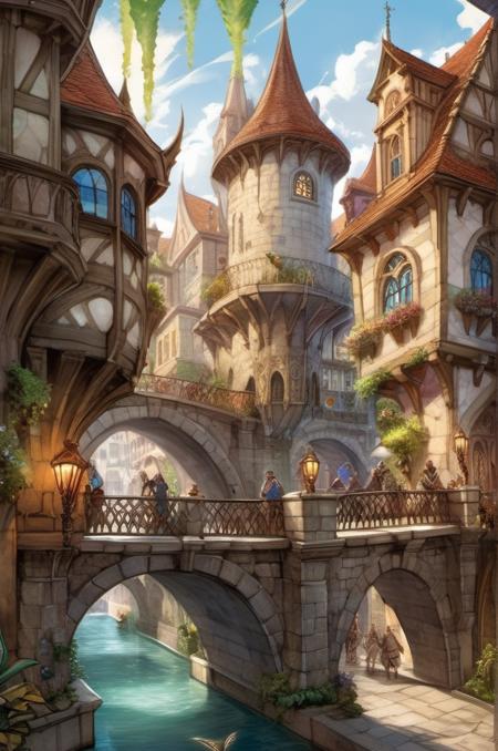 <lora:Marc Silvestri Style:1> Marc Silvestri Style, a grand capital city nestled in the heart of a magical realm inspired by Dungeons and Dragons. The city stands as a testament to both architectural splendor and mystical enchantments. The streets are bustling with life, filled with a diverse array of creatures, both human and fantastical, going about their daily routines. The buildings showcase a harmonious blend of traditional medieval design and whimsical magical enhancements. Ornate bridges span over flowing rivers and canals, connecting various districts of the city. Gardens and parks are interspersed throughout, teeming with vibrant, otherworldly flora and fauna. In the central square, a magnificent fountain serves as a gathering place, its waters sparkling with magical energies.