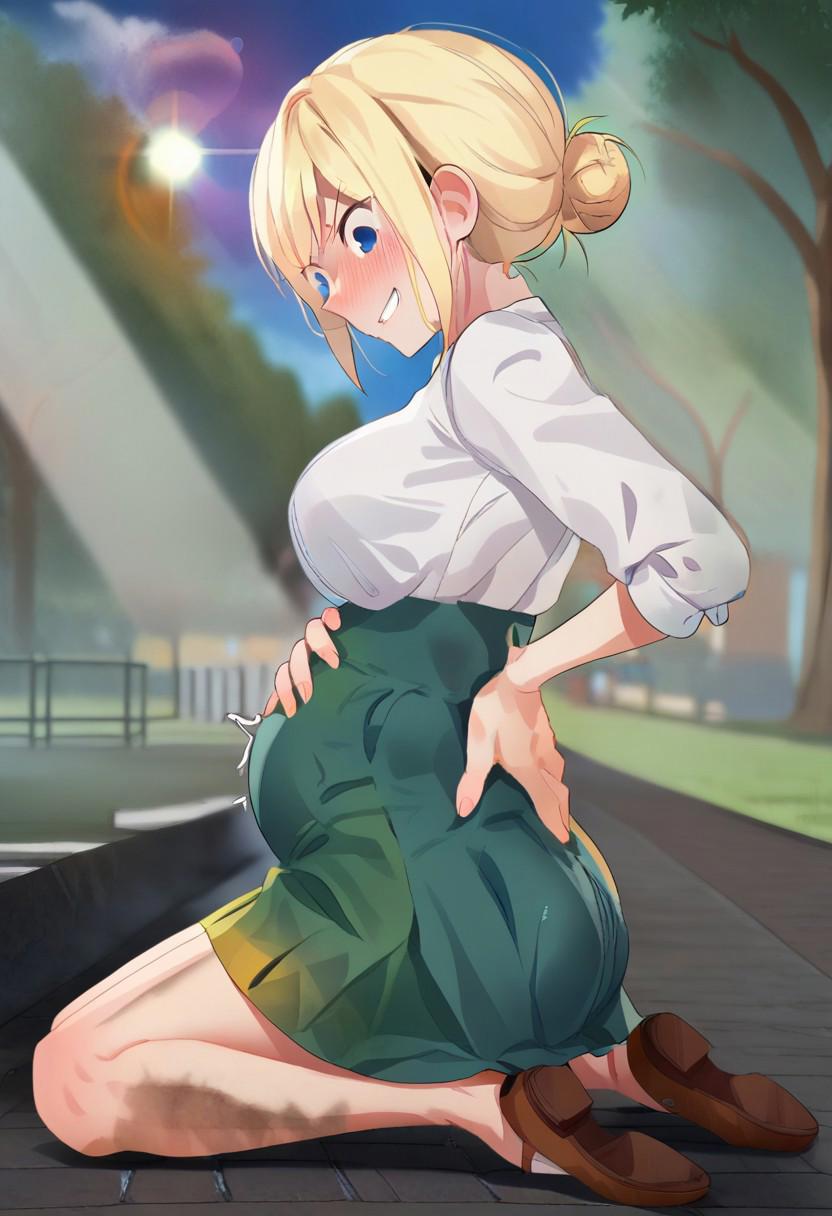 anime screencap, anime coloring, best quality,
outdoors, park, lens flare
BREAK
1girl, solo, from side, hands on back, full body, straddling, legs apart, hetero
BREAK
hands on back, from side, hand on own stomach,
1girl, solo, shin_seyoung, blonde hair, blue eyes, hair bun, dress, white shirt, green skirt, high waist skirt, thighs, ass,
round breasts, head tilt,
looking down, blush, grin, angry eyes, shaded face, 
trembling,
(pregnant:0.8)