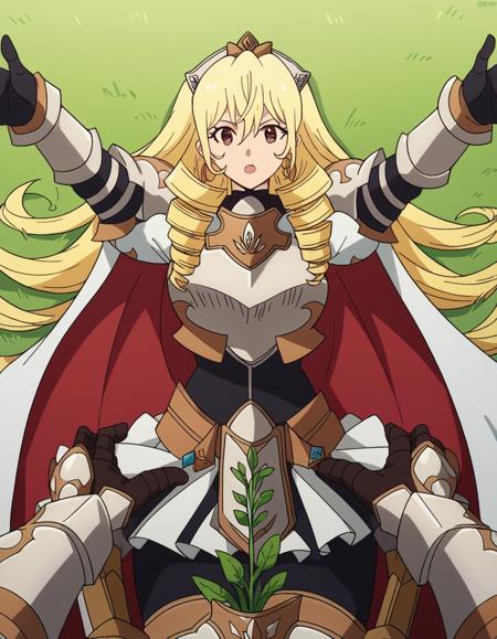 bozes co palesti, long hair, blonde hair, brown eyes, drill hair, large breasts skirt, gloves, cape, armor, shoulder armor, gauntlets, jewelry, earrings, breastplate,