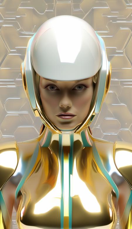 Translucent, iridescent robot woman, a woman with a helmet inspired by daft punk, godrays, poured, resin, photorealism, attention to detail, ivory and gold, Metropolis inspired, octane render