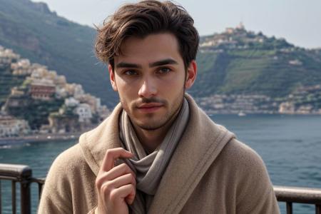 raw photo, (average height 27 year old man:1.1) fashionable styled outfit, realistic skin texture, warm lighting, cosy atmosphere, instagram style, background of Amalfi Coast, 4k, nsfw, looking seductively at camera, beautiful hands and fingers, casual, candid