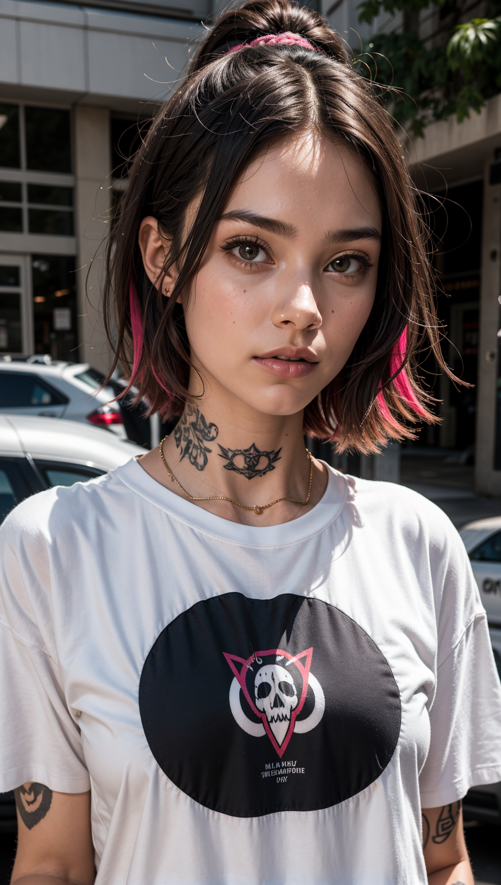 upper body portrait,raw essence of a tattooed street style icon,rebellious energy,wearing oversized shirt  with logos,vibr...