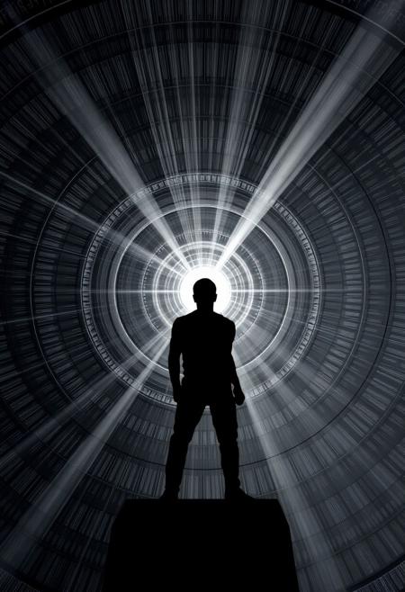 A chrome and silver beam hitting a human 100 metres away. The beam is about 1 metre thick and surrounded by multiple concentric grey and white circles of varying diameter. The target is silhouetted and is in an action hero pose