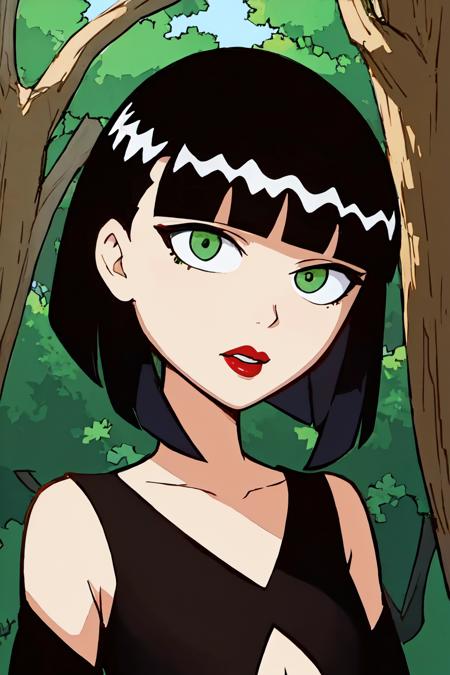 ingrid, green eyes, lipstick, red lips, black hair, blunt bangs, bob cut