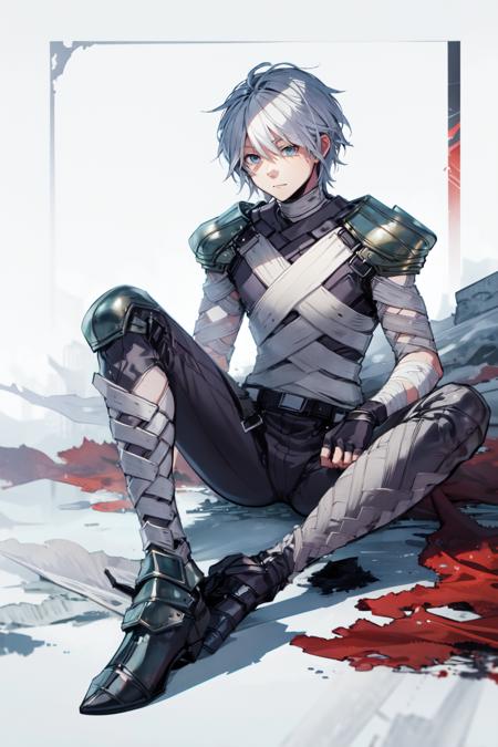 1boy,  <lora:assassin-ro:1>, shoulder armor, gloves, armor, pauldrons, bandages, fingerless gloves, skin tight, assassin-ro