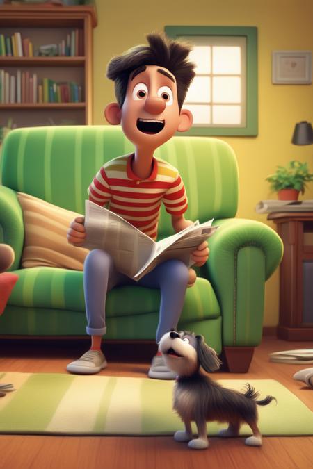 <lora:Aardman Animations Style:1>Aardman Animations Style - dog jumping on a man who is sitting on a sofa and looks surprised, the man is wearing a red and yellow striped shirt. A man is sitting on a green couch in the living room reading newspaper. the dog with long fur jumps on the man. living room with green couch background