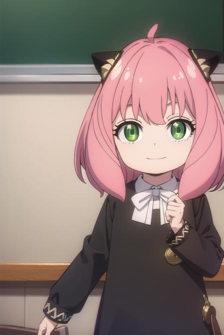 anyaforger, <lora:anya forger s1-lora-nochekaiser:1>,
anya forger, bangs, (green eyes:1.5), pink hair, ahoge, hair ornament, smile, child, female child,
BREAK long sleeves, dress, school uniform, socks, black dress, eden academy school uniform,
BREAK indoors, classroom,
BREAK looking at viewer, (cowboy shot:1.5),
BREAK <lyco:GoodHands-beta2:1>, (masterpiece:1.2), best quality, high resolution, unity 8k wallpaper, (illustration:0.8), (beautiful detailed eyes:1.6), extremely detailed face, perfect lighting, extremely detailed CG, (perfect hands, perfect anatomy),