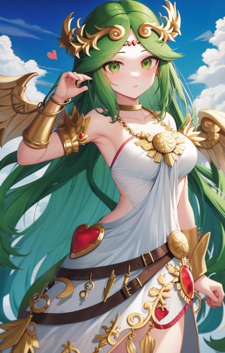 <lora:PalutenaKidIcarus1:1> highres, detailed, soft lighting, outdoors, clouds, flying, white dress, palutena [kid icarus], gold circlet, feathery wings, focused expression, hearts