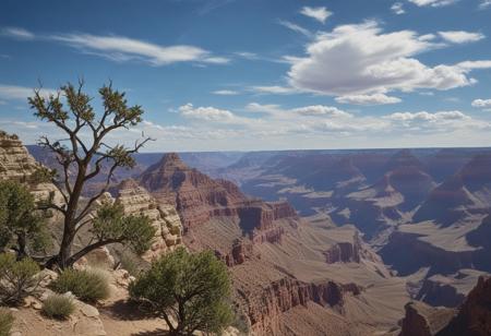 masterpiece, photorealistic, the grand canyon, scrub brush, blue sky, wispy clouds, serene, peaceful, uninhabited