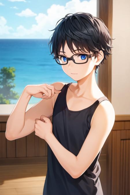 masterpiece, best quality, , 1boy, solo, male focus, looking at viewer, upper body, , <lora:kousei_arima:0.72>, kousei_arima, black hair, glasses, blue eyes, tank top,