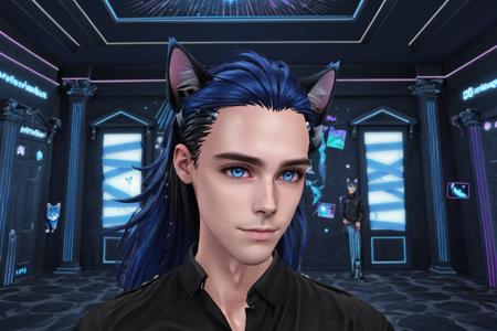 Tobias X'voor, 1boy, male focus, a wide shot indoors studio portrit of Tobias X'voor he has blue hair and has cat ears, the setting is science fiction <lora:TobiasXvoorXL:0.8> SimplePositiveXLv2