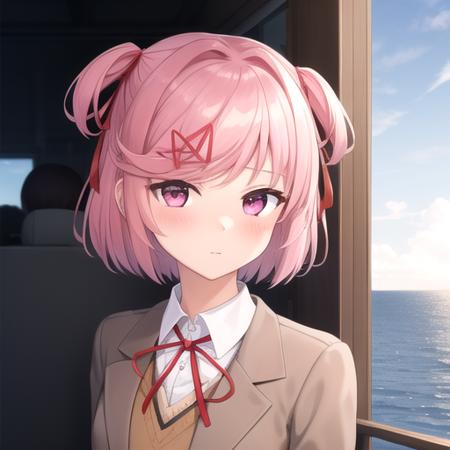 ((masterpiece)),(best quality),official art,extremely detailed CG,unity 8k wallpaper,ultra detailed,A lighthouse on a cliff by the sea,1girl,solo,upper body,(portrait:1.2),natsuki (doki doki literature club),pink hair,school uniform,white socks,blue skirt,short hair,red ribbon,hair ornament,pink eyes,pleated skirt,looking at viewer,brown jacket,hair ribbon,hairclip,long sleeves,two side up,blush,bangs,white shirt,neck ribbon,small breasts,white footwear,uwabaki,<lora:Natsuki(ddlc)>,