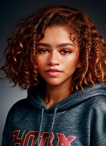 portrait of skswoman, happiness , wearing sweatshirt , with copper Curly hair epic (photo, studio lighting, hard light, sony a7, 50 mm, matte skin, pores, colors, hyperdetailed, hyperrealistic), <lyco:Zendaya:1.2>