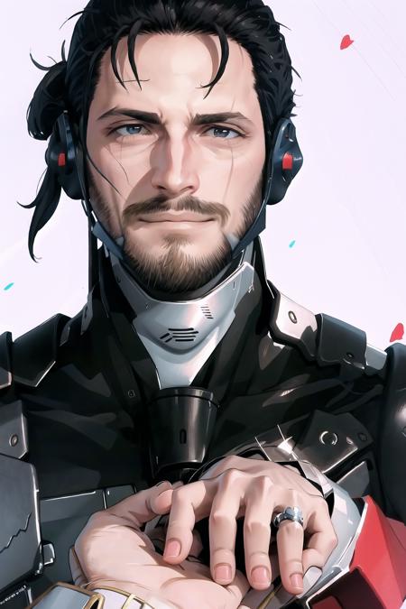 High Quality, Masterpiece, IncrsProp, <lora:Proposal:1>, wedding ring, Jetstream Sam, facial hair, male focus, beard, cyborg, <lora:Char_MGR_JetstreamSam:0.75>, smirk,