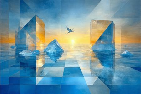 A fractured waterfront dissolves into crystalline geometry under a cubist sky, amber and saffron prisms refracting liquid light across cerulean planes. Low-angle perspective amplifies the surreal scale: jagged glass-like facets cascade toward a razor-thin horizon, converging at a focal point where angular structures mimic icebergs in a still, metallic sea. Picasso’s fractured forms merge with Mondrian’s minimalism; sharp shadows carve honeycombed textures into matte surfaces, while translucent blues bleed into citrus hues like watercolor on steel. Ethereal tranquility hums through the air, a shimmering heat haze blurring edges, with ghostly origami cranes hidden in the geometry—silent, symbolic, suspended between dimension and dream.