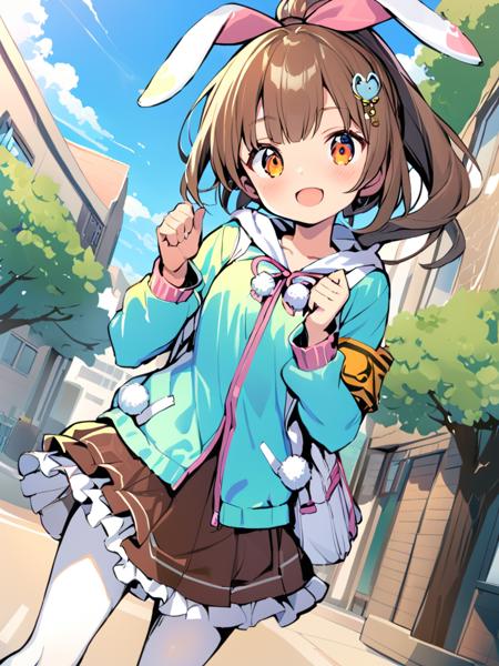 <lora:XL_dohna dohna style-000008:1>,dohna dohna style,1girl, solo, open mouth, outdoors, hood, smile, skirt, day, ponytail, pantyhose, cloud, sky, looking at viewer, bow, breasts, holding, blue sky, hair ornament, bangs, pom pom (clothes), hood down, :d, rabbit hood, brown hair, armband, white pantyhose, hair bow, hooded jacket, bag, hoodie, small breasts, long sleeves, blush, cleavage, animal hood, polka dot, dutch angle, jacket, tree, building, brown skirt, blurry, frills, cloudy sky, frilled skirt, foreshortening, open clothes, box, standing, depth of field, long hair, masterpiece, best quality,