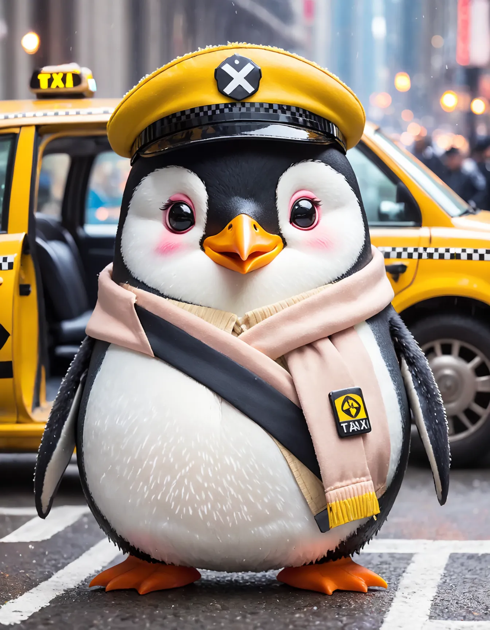 A Penguin in a Taxi Costume with a Scarf.