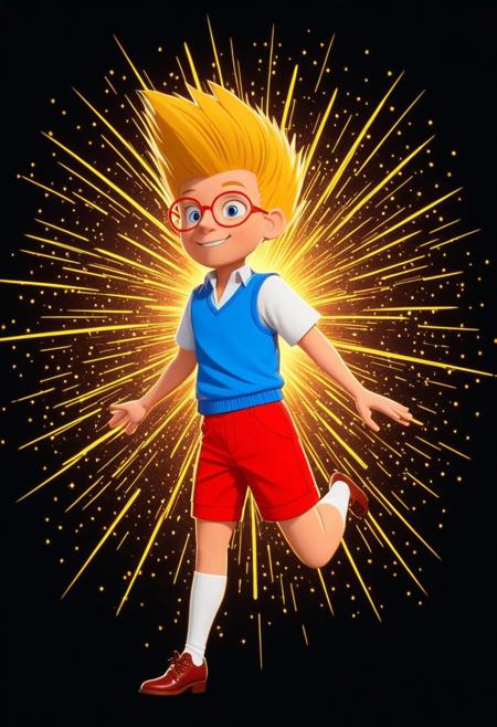 Character, Lewisrobinson, blonde spiky hair,red glasses, blue vest, red shorts, white shirt, cartoon style, brown shoes, white socks.  proud face, excited pose, in the style of golden future. gears are falling as meteor shower colored baroque geometric patterns float around the canvas in the style of colorful digital art. The image has a futurist aesthetic with a nice futuristic disorder and psychedelic color palette. Black background, neon lights, glitch art, surrealism, high contrast, vibrant colors, psychedelic patterns, ethereal glow. The overall mood should be one of happy tomorrow and hopefull beauty.It's like something in the style of science fiction.Lewisrobinson, cartoony, by Anonanim