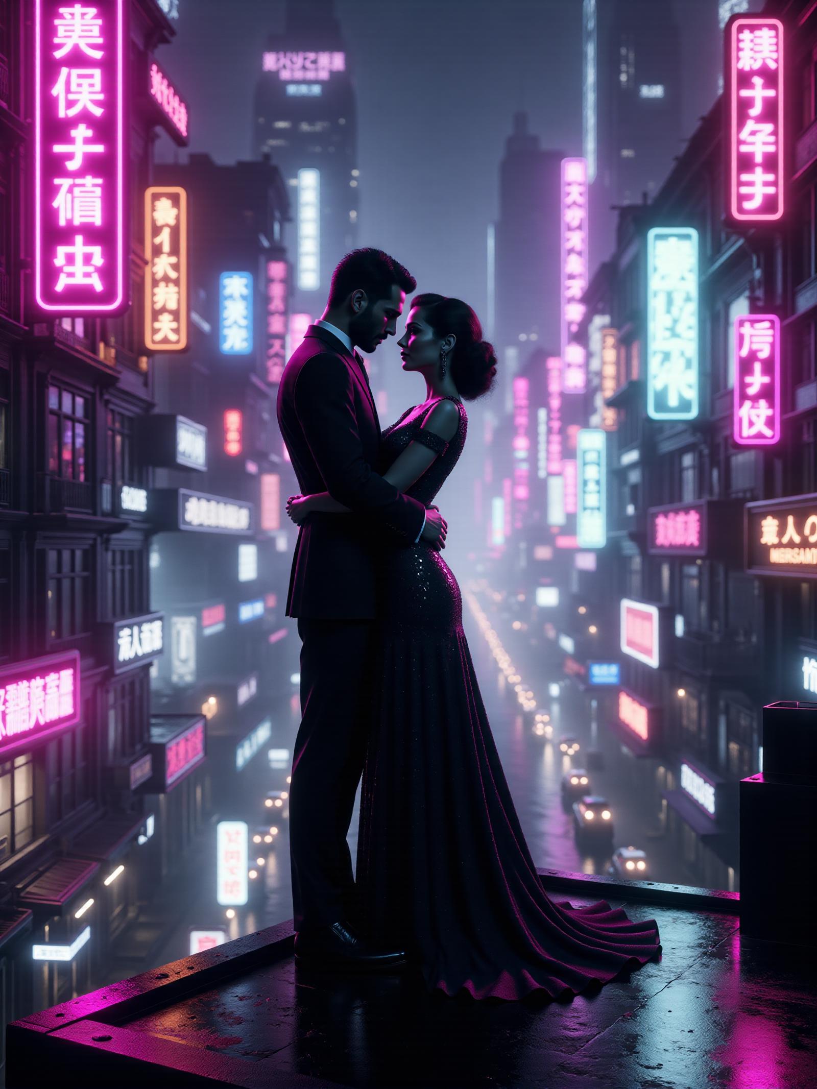 woman in long dress and man in suit embracing on the roof top of a futuristic city, (cybernetic implants , hologram, neon signs, cyberpunk:1.2), 1940s, magenta and teal hue, mad-neon-noir <lora:Neon_Noir_FLUX:0.7>