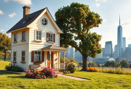 A whimsical little house with rounded corners, painted in creamy colors, featuring two stories, several windows, and a porch. In front of the house, there is a bench and a flowerbed filled with vibrant blooms, alongside a large apple tree. In the background, a modern city skyline is visible, all bathed in warm sunlight, creating a realistic and enchanting scene