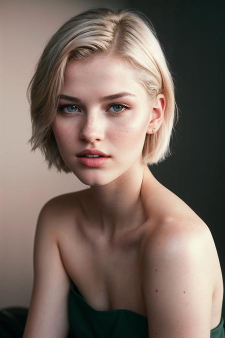 photo of (s4r4hgrey-135:0.99), a beautiful woman, perfect platinum blonde short hair, (modern photo, Dark Green strapless dress:1.1), 85mm, (analog, cinematic, film grain, hazy atmosphere:1.3), ((plain Salmon Pink background, jazz club:1.2)), detailed eyes, (seductive), painted lips, eyeliner, (epicPhoto), (looking at viewer), jewelry, (cinematic shot:1.3), PA7_Portrait-HL_v2