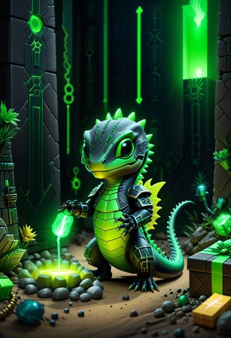 Necron, electricity, green glow, green theme, necron  lizard offering colourful gifts, cute, chibi, no_humans, warhammer 8k, cinematic, necron house