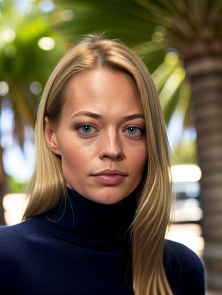 A stunning intricate full color face portrait of real blue eyed jeriR look intensely at the viewer, wearing a black turtleneck, sharp focus, natural lighting, subsurface scattering, f4, 35mm, film grain, best shadow, background of the ocean and palm trees,   <lora:jeriR_young:0.9>