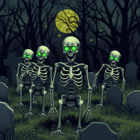 undead skeletons with glowing green eyes rising from graves in a graveyard