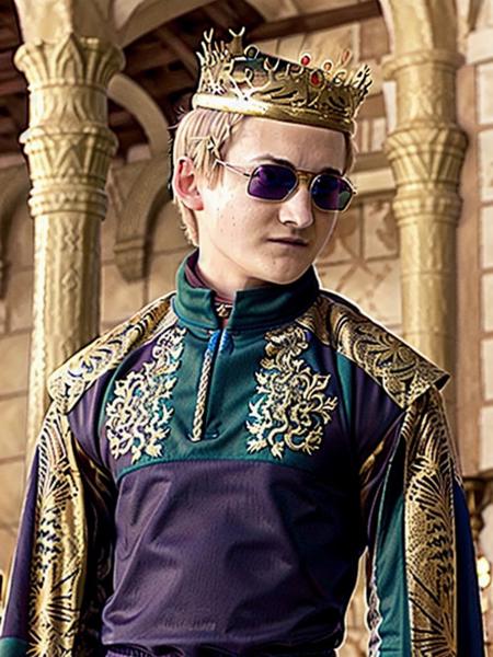 JoffreyBaratheon768,  smile, sunglasses, Sporty tracksuit with bold stripes and pop-color accents, crown, detailed eyes , ultra-sharpness, highest quality, art of Anya Millen, smooth, clear focus, trend on artforum, behance hd, muted colors   <lora:JoffreyBaratheon768:0.7>