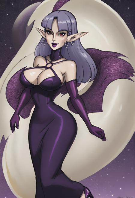 masterpiece detail, 1girl, beautiful face, young, DoubleDisguise, glowing red eyes, elf ears, seductive smile, open mouth, purple dress, purple lipstick, elbow gloves, high heels, earrings, fancy party, massive cleavage, slender waist, wide hips, large breasts, long legs, sexy, pin up