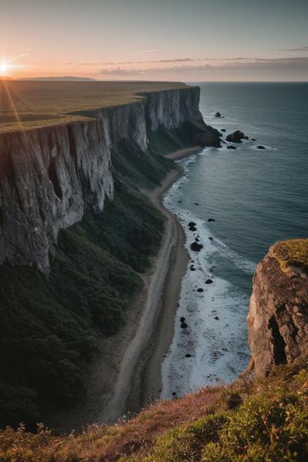 raw photo, a sunset landscape, Valdivian temperate forests coast, Chilean coast,  cliffs, cozy, photorealistic, high detailed texture, 8k uhd, dslr, soft lighting, high quality, film grain, Fujifilm XT3, Sony A7 IV, highly detailed photography, (muted colors, cinematic, dim colors, soothing tones:1.2), vibrant, insanely detailed, hyperdetailed, (dark shot:1.2), (vsco:0.3), (intricate details:0.9), (hdr, hyperdetailed:1.2) (highest coherency: 1.39) (highest quality: 1.39) (rule of Thirds) (award winning) (breathtaking) (masterclass)