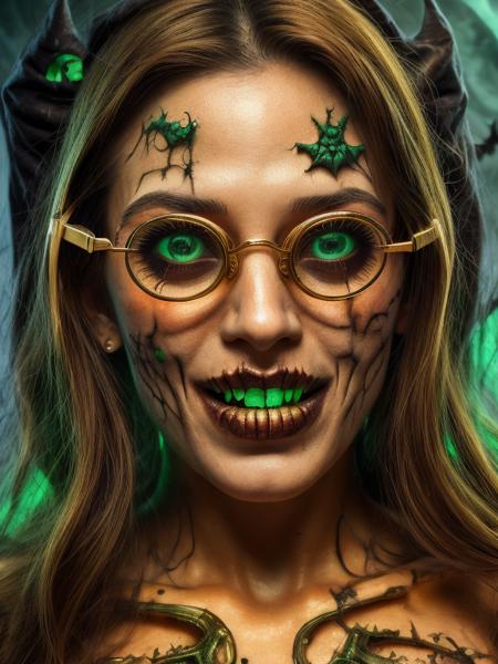 extreme (closeup:0.4) RAW photography, Pure golden eye beautiful Face of mythical (half angel:0.82) (half devil:0.28) lady (upclose:0.4) spooky and supernatural green patches on face with awesome (halloweentechto glasses) <lora:halloweenTech:0.88>, (scream:0.28), (trick:0.28), (ugly:0.28), (abomination:0.2), (horror:0.28), (teeth:0.28), (smile:0.8), (treat:0.8), (cleavage:0.84)