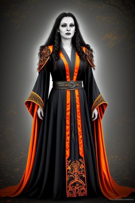 (masterpiece:1.2), (best quality,:1.2), 8k, HDR, ultra detailed, ((photorealistic)), perfect anatomy, professional light, cinematic lighting, fashion photography, ambient lighting,<lora:detail_slider_v4:3>, a female wizard, ((full body shot)), tiara, earrings, dark makeup, wearing intricate fantasy black and orange coat with belt, intricate robes, FanRo, <lora:FantasyRobes-10:0.6>, fantasy picture in the style of Tolkien, Middle Earth, Lord of the Rings, epiCPhoto