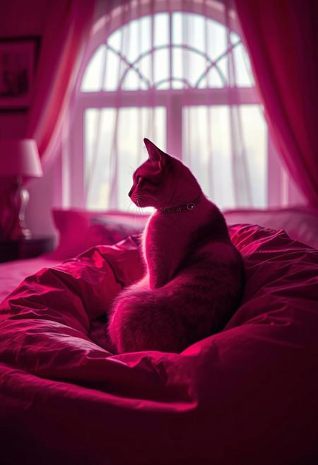 (Soft Lighting Photography by Mimoza Veliu and Mario Giacomelli:1.2), NSFW, A cat sitting in a large beanbag, magenta grunge, in profile, side view, surrealism, fashion illustration, bed room background, avant-garde, vivid colors, filigree, photorealistic rendering, moody chiaroscuro lighting