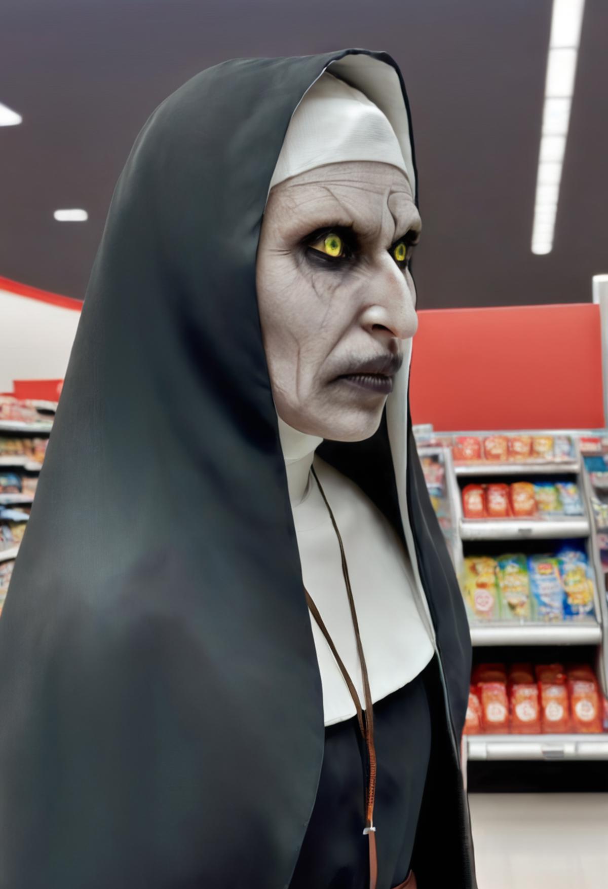 a photo of <lora:valak:1> valak - working as a cashier at Target, not happy, thought she would have a better job at this s...