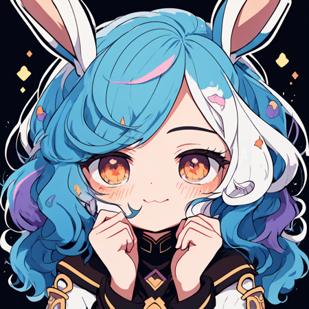 <lora:NijiEmotes-10:1> Niji Emote,twitch emote, kawaii, chibi, sticker,((solo, solo focus)),sidelighting, lustrous skin,(bloom), (shine),masterpiece, best quality, 1boy, male focus, solo, blue hair, multicolored hair, rabbit ears, two-tone hair, mole, white hair, chinese clothes, upper body, brown eyes, orange eyes, hand on own chin, looking at viewer,(detailed eyes), (beautiful) beautiful detailed eyes, perfect lighting , perfect anatomy, (ultra-detailed), (best illustration),(best shadow), (fantasy:1.4) , vivid colors,  rule of thirds, centered, prismatic, simple background,