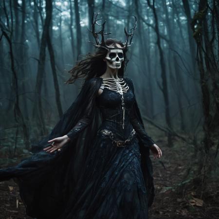 The Skeleton young Witch, flying, epoxy_skull, amidst a black swirling vortex in a dark, mystical forest. A beautiful woman with long hair stands, her figure draped in skeletal armor and an ethereal dress, engulfed by the swirling darkness. The scene is intensely cinematic, dominated by deep shadows pierced by subtle hints of light, crafting a dramatic interplay of darkness and luminescence. Wind, intensified to 1.2, weaves through the trees, enhancing her enigmatic silhouette, now surrounded by black smoke and the eye of a storm. Close-up on her sad expression, amidst sparkling embers and a billowing long piece of cloth, with a faint (intensity:0.5) hint of a Skeleton mask,