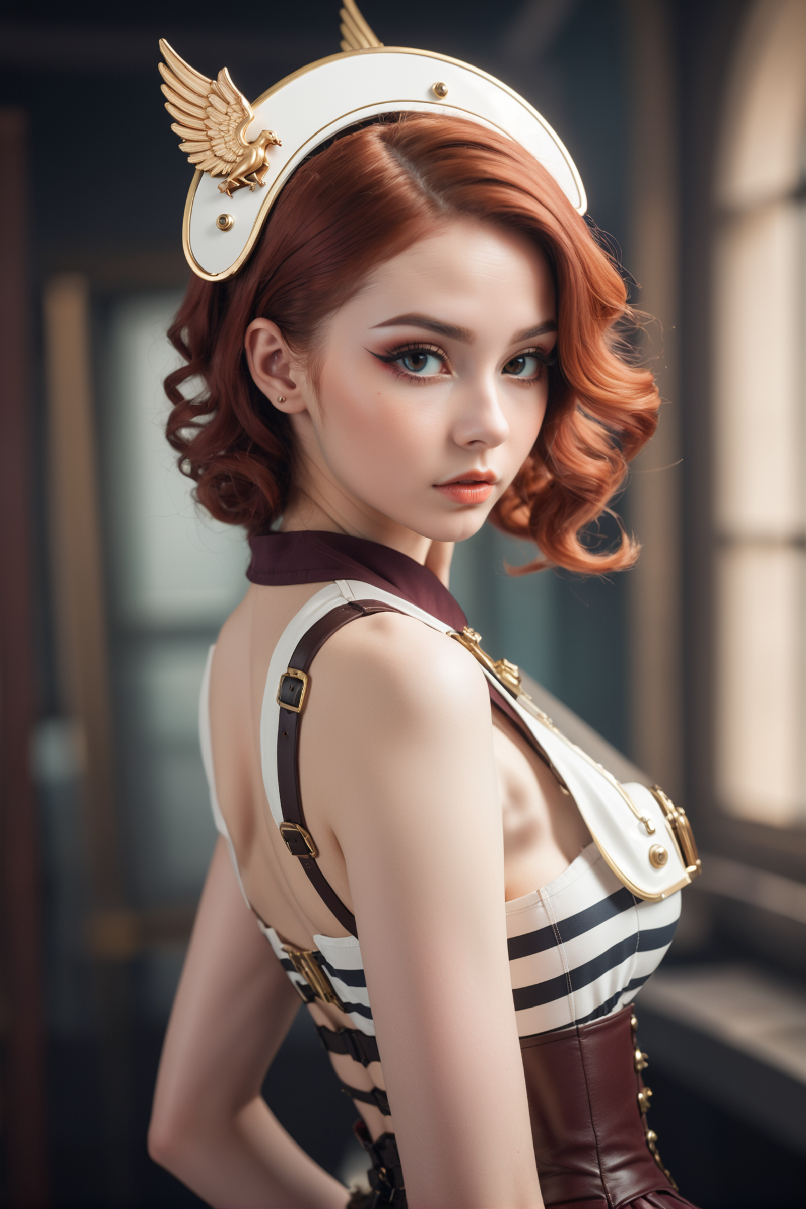 photograph, cinematic color grading, steampunk, <lora:EnvySendNoodzXL01:0>1girl, woman, (striped Pin-up:1.3) cute angel, [...