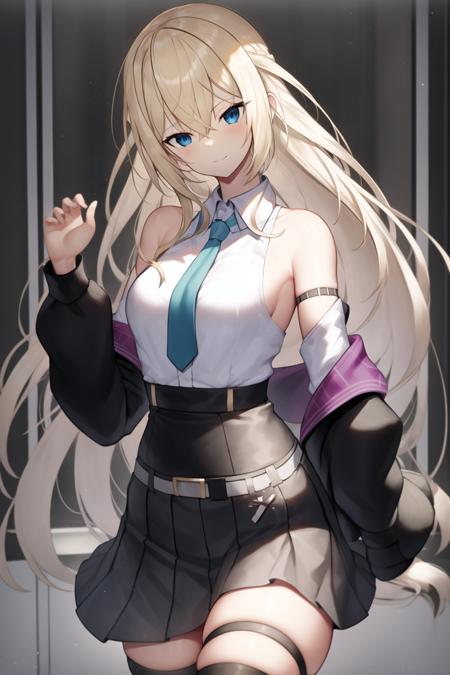 ange katrina, 1girl, solo, virtual youtuber, blue eyes, thighhighs, long hair, skirt, blonde hair, shirt, necktie, black skirt, black thighhighs, hair intakes, collared shirt, off shoulder, thigh strap, hair ornament, long sleeves, bangs, hair between eyes, skindentation, pleated skirt, open clothes, closed mouth, belt, looking at viewer, grey shirt, very long hair